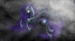 Size: 984x539 | Tagged: safe, artist:buttonsthecatt, nightmare moon, alicorn, pony, female, flying, glowing eyes, mare, solo