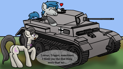 Size: 2920x1643 | Tagged: safe, artist:jrapcdaikari, octavia melody, oc, oc:trigger hooves, earth pony, pony, canon x oc, heart, luchs, panzer ii, panzer ii luchs, ponies on tanks, tank (vehicle)