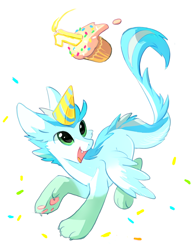 Size: 700x907 | Tagged: safe, artist:tomatocoup, oc, oc only, oc:patch, dracony, dragon, hybrid, pony, birthday, cupcake, feathered dragon, food, simple background, white background