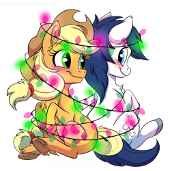 Size: 1024x1028 | Tagged: safe, artist:stepandy, applejack, oc, oc:constance everheart, earth pony, pony, blushing, canon x oc, chest fluff, christmas, christmas lights, cowboy hat, ear fluff, everjack, female, fluffy, hat, holiday, looking back, male, mare, shipping, simple background, sitting, smiling, stallion, straight, transparent background, unshorn fetlocks