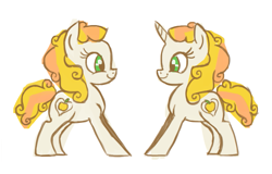 Size: 885x568 | Tagged: safe, artist:needsmoarg4, golden delicious, earth pony, pony, unicorn, g3, apple family member, clone, female, g3 to g4, generation leap, golden delicious (g3), mare, simple background, smiling, white background