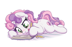 Size: 1700x1100 | Tagged: safe, artist:bobdude0, artist:verulence, sweetie belle, pony, unicorn, collaboration, blushing, cute, cutie mark, drawing, female, filly, notebook, pencil, prone, simple background, solo, the cmc's cutie marks, tongue out, white background