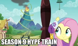 Size: 821x484 | Tagged: safe, edit, edited screencap, editor:apex soundwave, screencap, fluttershy, pegasus, pony, dungeons and discords, season 9, background focus, bell, clothes, female, hype train, image macro, imminent death, looking back, mare, ponyville, solo, text, train, train station, volcano