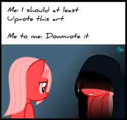 Size: 2026x1920 | Tagged: safe, artist:arifproject, oc, oc only, oc:downvote, pony, derpibooru, derpibooru ponified, duality, evil kermit, looking at each other, meme, meta, ponified, self ponidox, simple background, vector