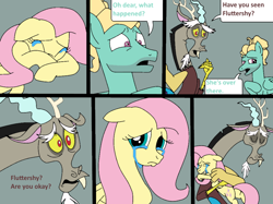 Size: 1024x765 | Tagged: safe, artist:didgereethebrony, discord, fluttershy, zephyr breeze, draconequus, pegasus, pony, comic:wreck of the renaissance, comforting, crying, tears of pain, teary eyes