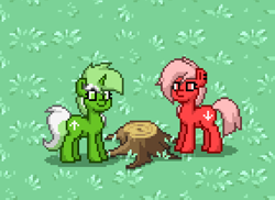 Size: 1200x873 | Tagged: safe, screencap, oc, oc only, oc:downvote, oc:upvote, pony, :, derpibooru, derpibooru ponified, duo, grass, lidded eyes, meta, ponified, pony town, smiling, tree stump