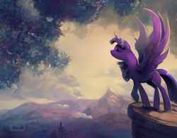 Size: 1280x1006 | Tagged: safe, artist:viwrastupr, derpibooru import, twilight sparkle, twilight sparkle (alicorn), alicorn, pony, eyes closed, ledge, mountain, scenery, solo, speedpaint, spread wings, tree