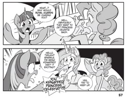 Size: 1870x1480 | Tagged: safe, seven seas, pinkie pie, princess celestia, twilight sparkle, alicorn, earth pony, pony, my little pony: the manga, my little pony: the manga volume 2, spoiler:manga, spoiler:manga2, bipedal, cropped, female, mare, monochrome