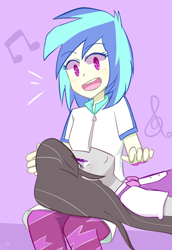 Size: 826x1200 | Tagged: safe, artist:yuck, dj pon-3, octavia melody, vinyl scratch, equestria girls, clothes, cute, excited, female, leggings, lesbian, scratchtavia, shipping, smiling