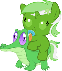 Size: 786x902 | Tagged: safe, artist:red4567, gummy, oc, oc:upvote, pony, baby, baby pony, cute, derpibooru, derpibooru ponified, green, meta, ocbetes, pacifier, ponies riding gators, ponified, riding