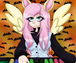 Size: 3000x2500 | Tagged: safe, artist:katkathasahathat, fluttershy, human, blackjack, clothes, cosplay, costume, eared humanization, halloween, holiday, humanized, winged humanization, wings