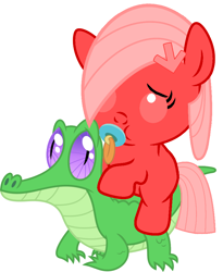 Size: 786x957 | Tagged: safe, artist:red4567, gummy, oc, oc:downvote, pony, baby, baby pony, cute, derpibooru, derpibooru ponified, meta, ocbetes, pacifier, ponies riding gators, ponified, riding