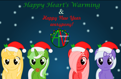 Size: 2824x1830 | Tagged: safe, artist:arifproject, oc, oc only, oc:comment, oc:downvote, oc:favourite, oc:upvote, alicorn, earth pony, pegasus, pony, unicorn, arif's scrunchy pone, christmas, cookie, cute, derpibooru, derpibooru ponified, food, hair accessory, hair over one eye, hat, leaf, logo, looking at you, meta, ponified, santa hat, simple background, snow, snowfall, vector