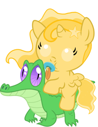 Size: 786x1017 | Tagged: safe, artist:red4567, gummy, oc, oc:favourite, alicorn, pony, alicorn oc, baby, baby pony, cute, derpibooru, derpibooru ponified, meta, ocbetes, pacifier, ponies riding gators, ponified, riding