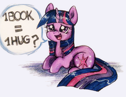 Size: 774x595 | Tagged: safe, artist:buttersprinkle, derpibooru import, twilight sparkle, pony, unicorn, book, bookhorse, bronybait, cute, female, hug request, mare, offering, prices, space discussion in the comments, speech bubble, that pony sure does love books, traditional art, twiabetes