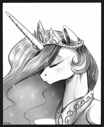 Size: 608x745 | Tagged: safe, artist:sorcerushorserus, princess celestia, alicorn, pony, black and white, bust, eyes closed, female, grayscale, mare, monochrome, simple background, solo, white background