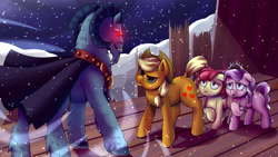 Size: 4000x2250 | Tagged: safe, artist:draltruist, apple bloom, applejack, diamond tiara, grogar, earth pony, pony, clothes, cloven hooves, cowboy hat, female, filly, glowing eyes, hat, implied silver spoon, male, mare, ram, red eyes, scarf, smiling, snow, snowfall, stetson