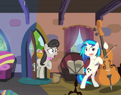 Size: 7600x6000 | Tagged: safe, artist:mundschenk85, artist:the smiling pony, artist:vectorshy, dj pon-3, octavia melody, vinyl scratch, earth pony, pony, absurd resolution, apple, bag, blushing, bow (instrument), cello, cello bow, female, food, jam, lesbian, musical instrument, scratchtavia, shipping, sofa, vinyl and octavia's home, zap apple, zap apple jam