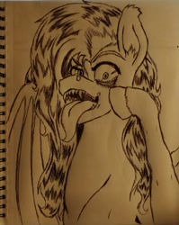 Size: 376x473 | Tagged: safe, artist:korencz11, fluttershy, bat pony, pony, bat ponified, flutterbat, ink, inktober, lineart, race swap, solo, tongue out, traditional art, unshorn fetlocks