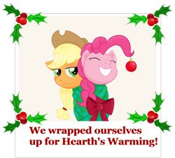 Size: 1670x1500 | Tagged: safe, artist:veggiefangirl, applejack, pinkie pie, earth pony, pony, bauble, bound together, bow, christmas ornament, decoration, holly, silly songs, silly songs with pinkie, veggietales, wrapped up