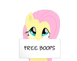 Size: 2500x2000 | Tagged: safe, artist:sugarstraw, derpibooru exclusive, fluttershy, pegasus, pony, boop, bronybait, bust, cute, daaaaaaaaaaaw, female, holding, lineless, looking at you, mare, mouth hold, shyabetes, sign, simple background, smiling, solo, text, transparent background