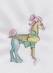 Size: 1024x1389 | Tagged: safe, artist:sagastuff94, fluttershy, pegasus, pony, fake it 'til you make it, alternate hairstyle, clothes, female, hair bun, hoers, mare, profile, realistic anatomy, realistic horse legs, scowl, severeshy, signature, simple background, solo, tail bun, traditional art, white background