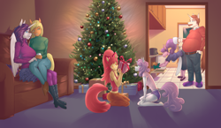 Size: 1500x868 | Tagged: safe, artist:bakuhaku, apple bloom, applejack, cookie crumbles, hondo flanks, rarity, sweetie belle, alicorn, anthro, plantigrade anthro, alicornified, apple bloom's bow, boots, bow, christmas, christmas lights, christmas tree, clothes, coffee mug, cooking, female, hair bow, holiday, jeans, lesbian, mug, pants, ponies eating meat, present, race swap, raricorn, rarijack, shipping, shoes, slippers, sweater, tree