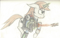 Size: 3464x2213 | Tagged: safe, artist:frostspear, oc, oc only, oc:littlepip, pony, unicorn, fallout equestria, clothes, fallout 3, fallout 4, fanfic, fanfic art, female, floppy ears, glowing horn, gun, hooves, horn, magic, mare, pipbuck, running, simple background, solo, teddy bear, telekinesis, traditional art, vault suit, weapon, white background