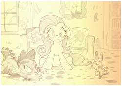 Size: 1042x737 | Tagged: safe, artist:sherwoodwhisper, angel bunny, fluttershy, spike, dragon, pegasus, pony, rabbit, female, floppy ears, fluttershy's cottage, indoors, lip bite, male, mare, messy, monochrome, mud, muddy, pencil drawing, raspberry, sketch, sofa, spread wings, teary eyes, tongue out, traditional art, wings