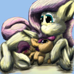 Size: 1584x1584 | Tagged: safe, artist:firefanatic, fluttershy, scootaloo, pegasus, pony, crossed hooves, cute, cutealoo, fluttermom, folded wings, leg hold, looking at each other, prone, scootalove, shyabetes, smiling, snuggling, wings