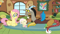 Size: 2230x1262 | Tagged: safe, artist:nocturna76, discord, fluttershy, oc, oc:harmony, hybrid, pegasus, pony, baby, base used, discoshy, female, fluttershy's cottage, indoors, interspecies offspring, male, offspring, parent:discord, parent:fluttershy, parents:discoshy, prone, shipping, straight