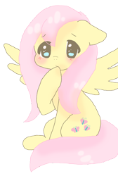 Size: 908x1352 | Tagged: safe, artist:snowkyu, fluttershy, pegasus, pony, blushing, female, floppy ears, hoof on chin, looking at you, mare, simple background, sitting, solo, spread wings, transparent background, wings