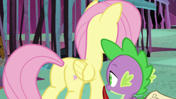 Size: 1920x1080 | Tagged: safe, screencap, fluttershy, spike, dragon, pegasus, pony, school raze, cage, eyes on the prize, female, flutterbutt, male, mare, out of context, plot, tartarus, winged spike