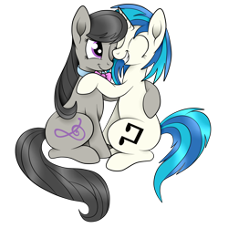 Size: 3000x3000 | Tagged: safe, artist:squipycheetah, dj pon-3, octavia melody, vinyl scratch, earth pony, pony, unicorn, cute, eyes closed, female, hug, lesbian, mare, one eye closed, redraw, scratchtavia, shipping, simple background, sitting, tavibetes, transparent background, vinylbetes, wink