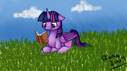 Size: 1920x1080 | Tagged: safe, artist:ryma2001, derpibooru import, twilight sparkle, twilight sparkle (alicorn), alicorn, pony, book, newbie artist training grounds, reading, solo