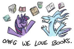 Size: 1000x665 | Tagged: safe, artist:romaniz, twilight sparkle, book, crossover, dark souls, open mouth, seath the scaleless, simple background, smiling, that pony sure does love books, white background