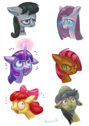 Size: 600x849 | Tagged: safe, artist:drawirm, derpibooru import, apple bloom, babs seed, daring do, octavia melody, pinkie pie, twilight sparkle, earth pony, pony