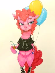 Size: 3024x4032 | Tagged: safe, artist:caek, artist:colorlesscupcake, pinkie pie, pony, balloon, bipedal, boots, clothes, cutie mark, drinking straw, ear piercing, earring, female, glass, jewelry, lidded eyes, mare, marker drawing, piercing, shirt, shoes, simple background, solo, t-shirt, traditional art, white background