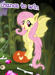 Size: 334x453 | Tagged: safe, fluttershy, bat pony, bat ponified, bone, flutterbat, gameloft, halloween, holiday, jack-o-lantern, meme, nightmare night, pumpkin, race swap, solo, text, wow! glimmer