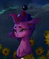 Size: 750x891 | Tagged: safe, artist:caek, artist:colorlesscupcake, pinkie pie, pony, clothes, female, floppy ears, flower, halo, mare, sad, solo, sunflower