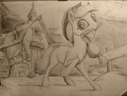 Size: 2000x1500 | Tagged: safe, artist:ponsce, applejack, earth pony, pony, barn, bell, female, mare, monochrome, mouth hold, solo, traditional art, well