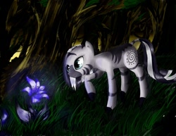 Size: 729x564 | Tagged: safe, artist:madhotaru, zecora, zebra, female, forest, poison joke, raised hoof, solo