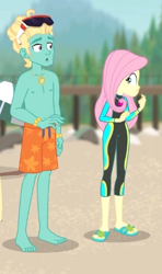 Size: 268x452 | Tagged: safe, screencap, fluttershy, zephyr breeze, better together, blue crushed, equestria girls, barefoot, clothes, cropped, feet, female, geode of fauna, legs, magical geodes, male, partial nudity, sandals, sunglasses, swimming trunks, swimsuit, topless, trio, wetsuit, zephyr's necklace