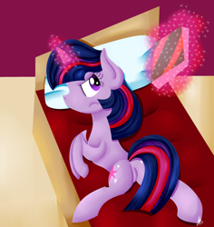 Size: 2500x2650 | Tagged: safe, anonymous artist, derpibooru import, twilight sparkle, pony, unicorn, bed, book, book cover, female, frown, levitation, lineless, magic, mare, solo, telekinesis