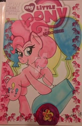 Size: 1024x1567 | Tagged: safe, artist:demise-the-art-demon, idw, pinkie pie, earth pony, pony, bubble, cover, female, mare, party cannon, solo, traditional art