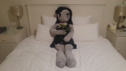 Size: 5312x2988 | Tagged: safe, artist:bigsexyplush, artist:somethingaboutoctavia, octavia melody, anthro, anniversary, anthro plushie, bed, celebration, clothes, cute, doll, dress, flower, irl, jewelry, necklace, photo, plushie, toy