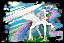 Size: 3500x2400 | Tagged: safe, artist:martazap3, princess celestia, alicorn, pegasus, pony, female, grass, horn, horn jewelry, jewelry, mare, regalia, solo, unshorn fetlocks, wings