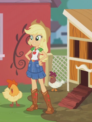 Size: 1536x2048 | Tagged: safe, screencap, applejack, chicken, better together, equestria girls, fluttershy's butterflies, fluttershy's butterflies: applejack, belt, boots, chicken coop, cowboy boots, cowboy hat, freckles, geode of super strength, hand on hip, hat, shoes