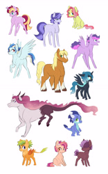 Size: 3000x4812 | Tagged: safe, artist:kianamai, oc, oc only, oc:anjou apple, oc:cicada song, oc:cinder, oc:flower crown, oc:geode glitz, oc:honey crisp, oc:hunter, oc:morning star, oc:overcast, oc:parade float, oc:peach fuzz, oc:sunshine, oc:sunshine (kilala), oc:tacet, changepony, draconequus, dragon, earth pony, hippogriff, hybrid, pegasus, pony, unicorn, blaze (coat marking), bow, draconequus oc, hair bow, interspecies offspring, kilalaverse ii, magical lesbian spawn, next generation, offspring, parent:applejack, parent:button mash, parent:discord, parent:gabby, parent:maud pie, parent:party favor, parent:pinkie pie, parent:princess celestia, parent:princess ember, parent:queen chrysalis, parent:rainbow dash, parent:rarity, parent:scootaloo, parent:soarin', parent:spike, parent:sunset shimmer, parent:sweetie belle, parent:trouble shoes, parent:twilight sparkle, parents:chrysaluna, parents:diamondbloom, parents:dislestia, parents:emberspike, parents:flutterhugger, parents:gabbyloo, parents:partypie, parents:soarindash, parents:sunsetsparkle, parents:sweetiemash, parents:troublejack, simple background, socks (coat marking), white background