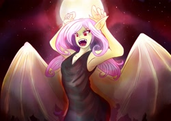 Size: 3507x2480 | Tagged: safe, artist:mantarwolf, fluttershy, anthro, bat pony, scare master, armpits, bat ponified, blood moon, clothes, female, flutterbat, large wings, moon, night, nightmare night, open mouth, race swap, solo, stars, wings